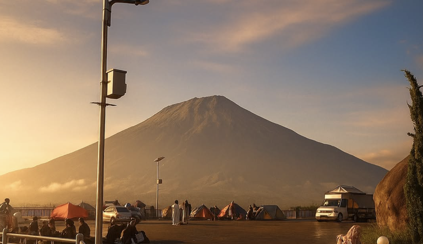 Area camping dengan latar belakang pegunungan menakjubkan
